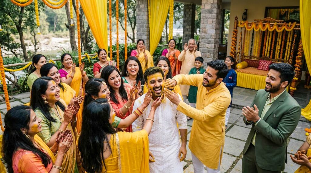 candid haldi ceremony moment with friends applying turmeric to the groom during an Indian wedding celebration