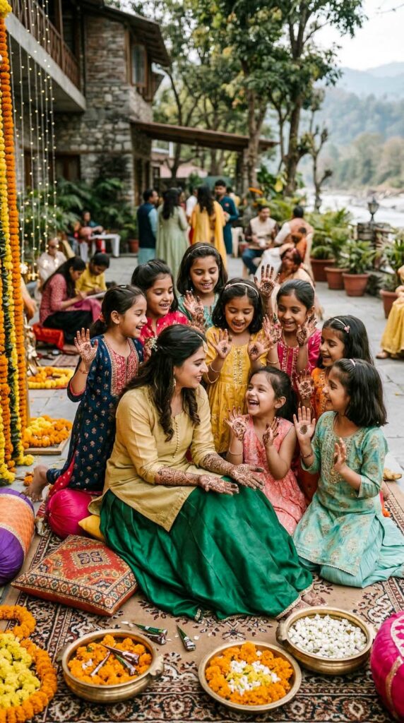 bride laughing with friends during mehendi ceremony candid indian wedding moment