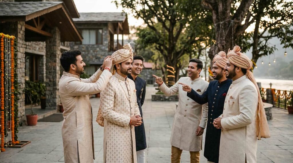 groom getting ready during baraat while friends adjust his turban in an Indian wedding celebration