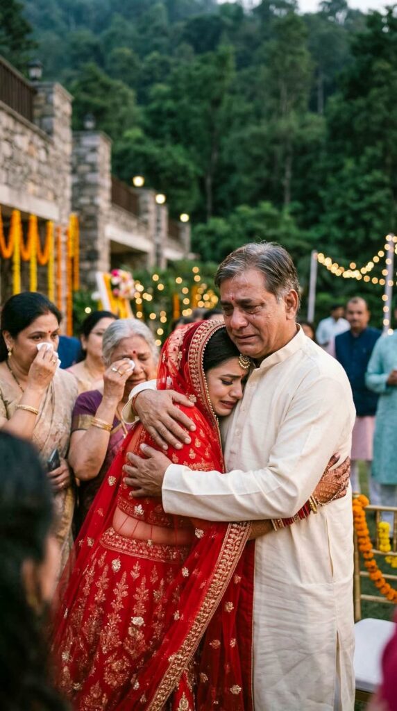 emotional family moment during an Indian wedding ceremony with parents hugging the bride