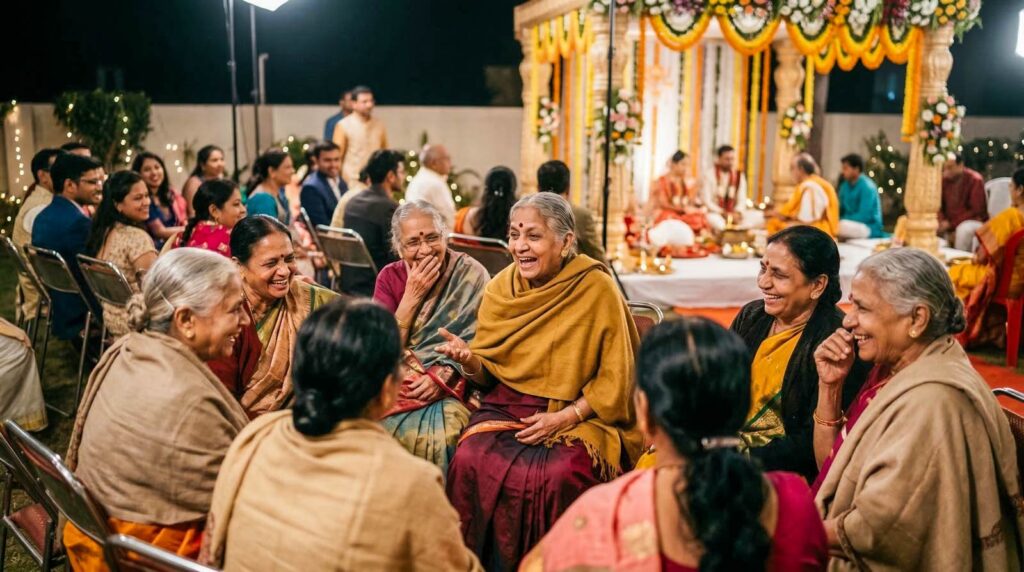 candid wedding moment with family members laughing during an Indian wedding ceremony in Faridabad