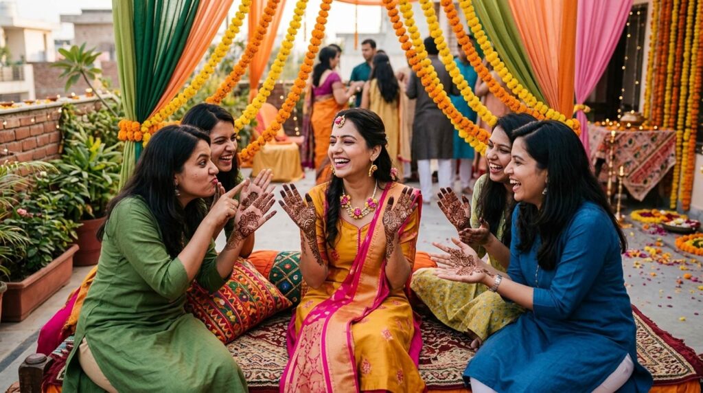 Candid mehendi ceremony moment captured by candid wedding photographer in Faridabad