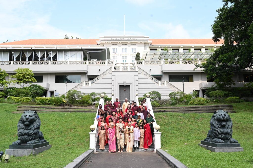 Sukriven and Praveena South Indian wedding family portrait at Fort Canning Hotel Singapore