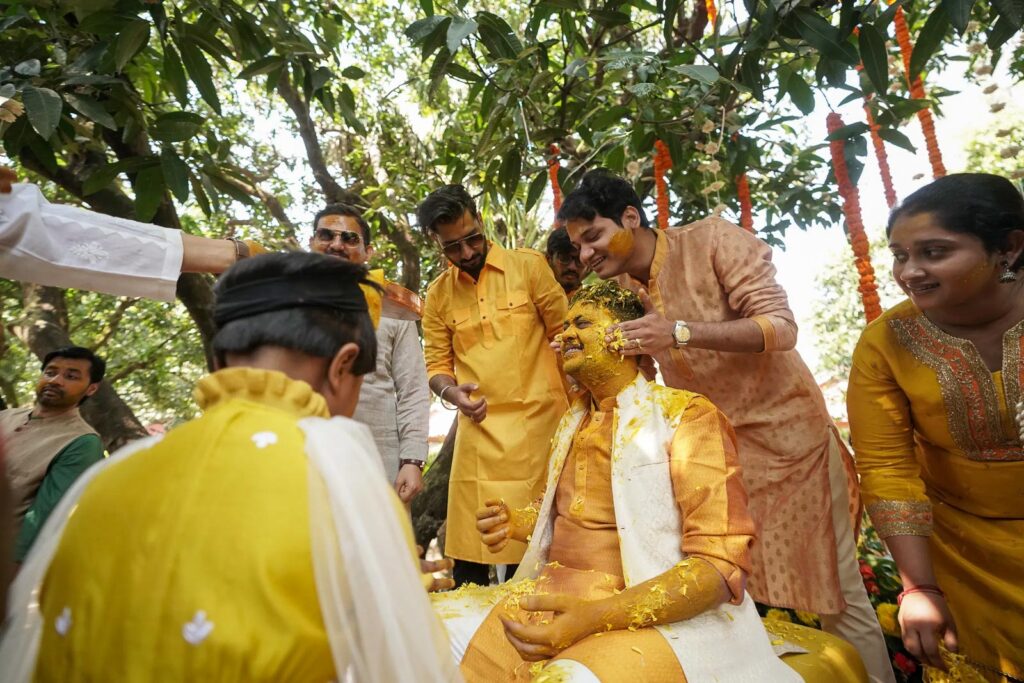 Candid haldi moments destination wedding Corbett
