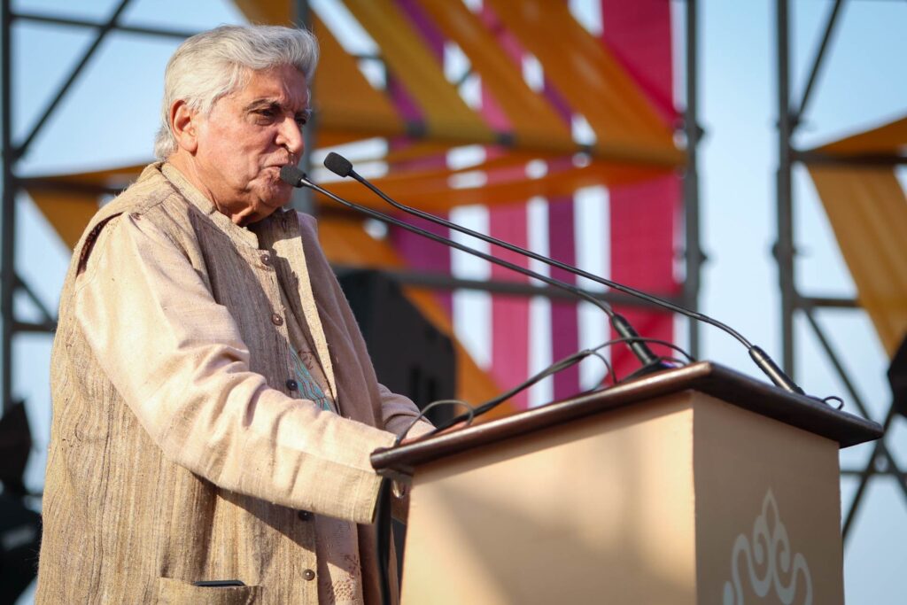 Close up portrait of Javed Akhtar performing live at Jashn-e-Rekhta