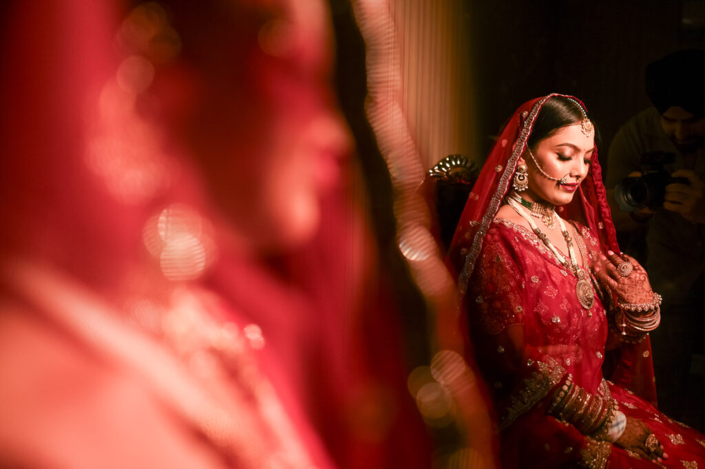 soft portrait of Indian bride in bridal attire Delhi NCR wedding photographer