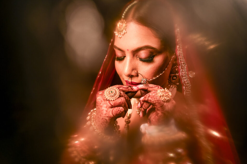 Indian bride candid portrait with soft bokeh lighting Faridabad wedding photographer