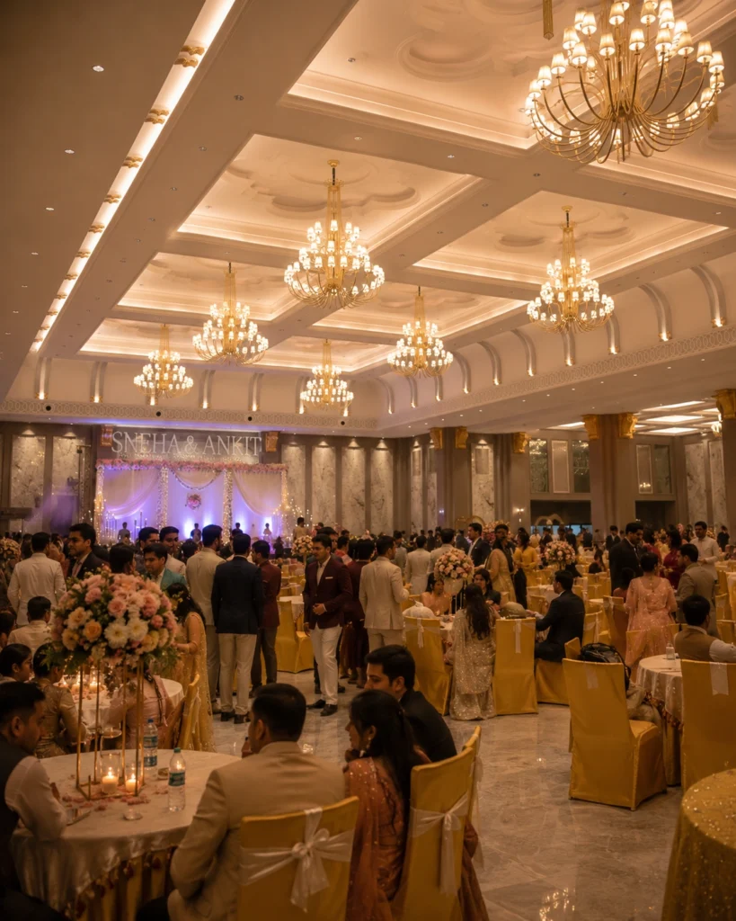 Luxury wedding reception inside the grand ballroom at Abha Grand Aligarh