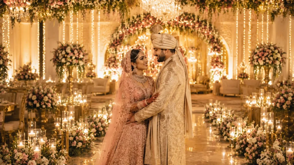 Bride and groom at a luxury wedding venue in Aligarh with cinematic lighting, floral décor, candles, and premium North Indian wedding styling during a candid wedding photography moment.