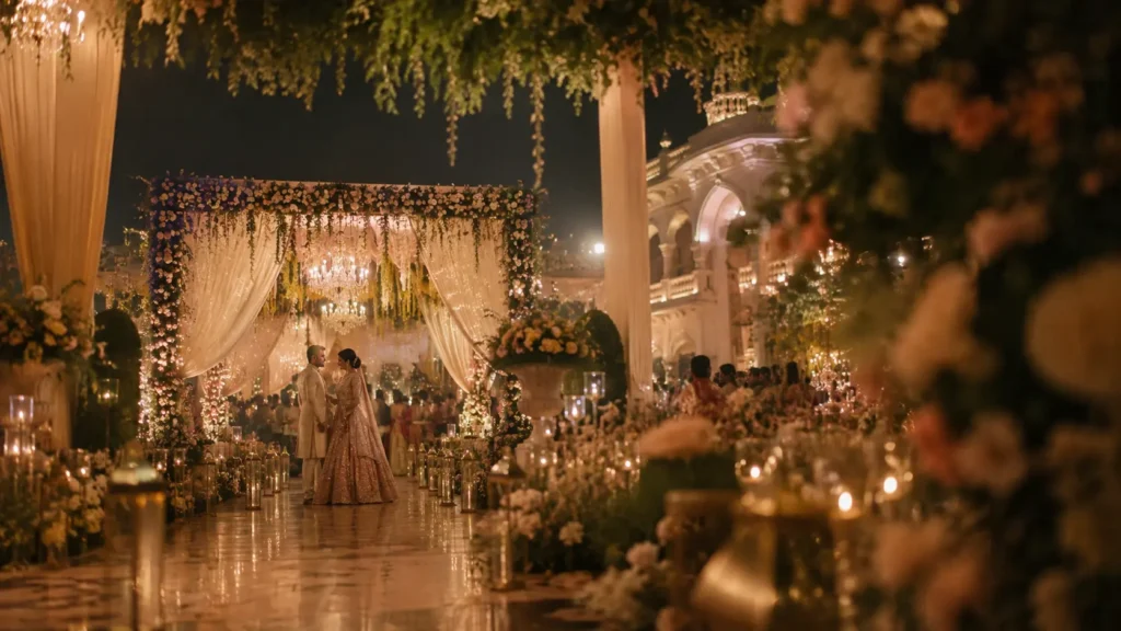 Soft cinematic view of  luxury North Indian wedding venues in Aligarh with warm lighting, floral décor, chandeliers, candles, and a bride and groom naturally interacting in the background.