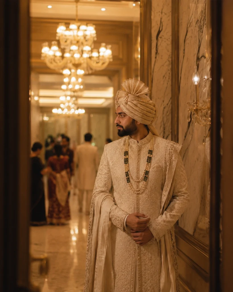 Groom portrait inside the chandelier lit interiors of Abha Grand Aligarh