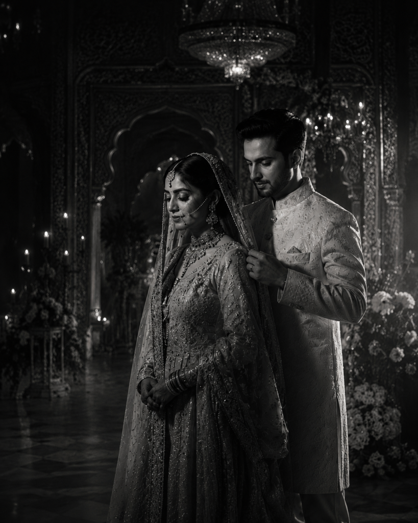 Editorial black and white portrait of Muslim bride and groom during wedding ceremony