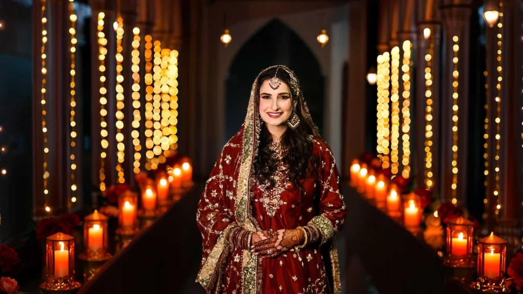 Symmetrical bridal portrait from a traditional Muslim wedding celebration in Noida