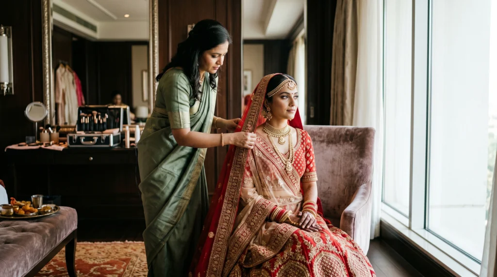 Indian bride during wedding makeup preparation before the ceremony