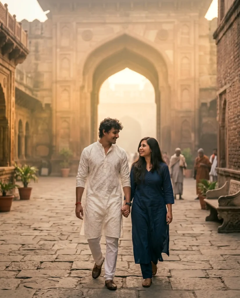 Couple walking naturally during a cinematic pre wedding shoot in Chandni Chowk old Delhi