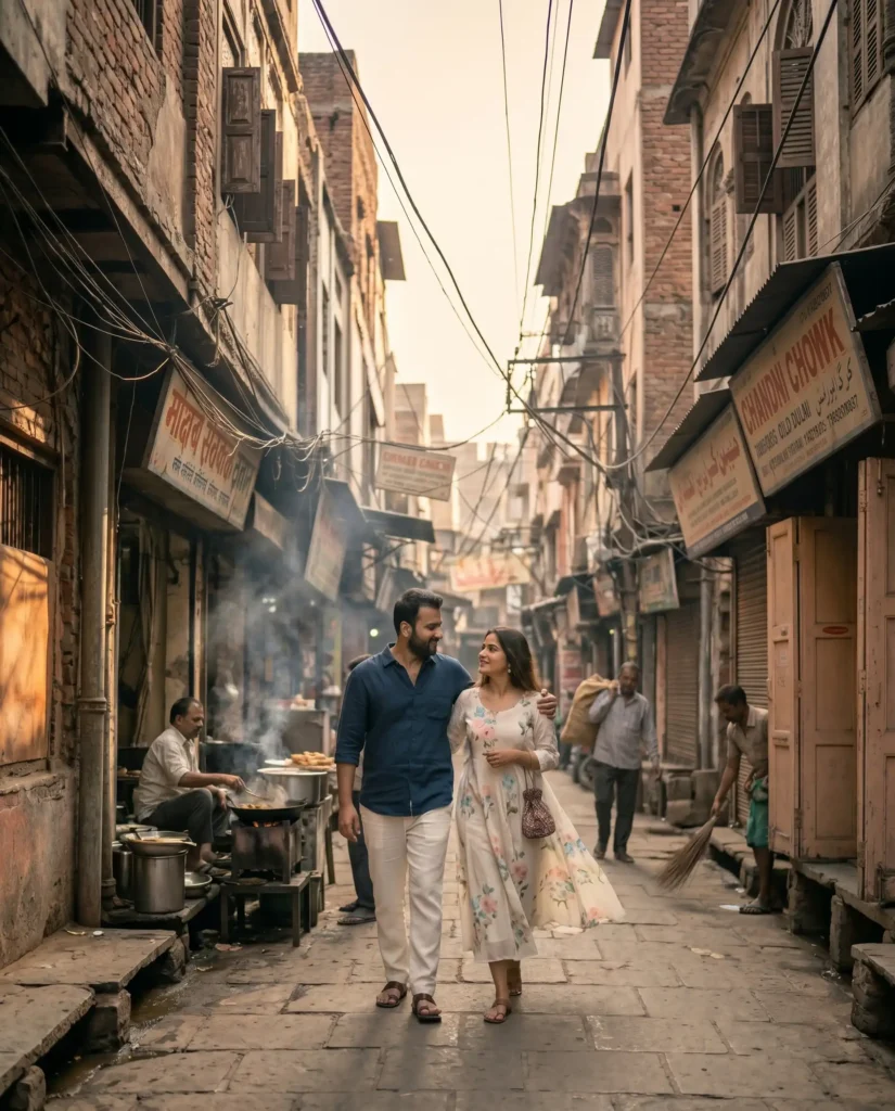 Couple walking naturally during a cinematic pre wedding shoot in Chandni Chowk old Delhi