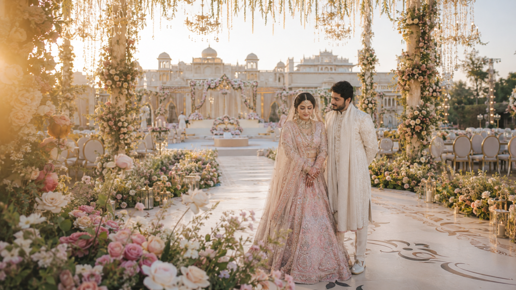 Cinematic documentary wedding photography showing Indian bride and groom at luxury outdoor wedding venue