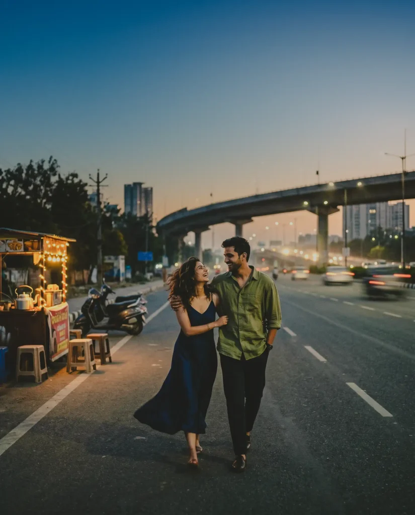 Cinematic pre wedding couple shoot on open Delhi roads during soft evening light with urban storytelling atmosphere