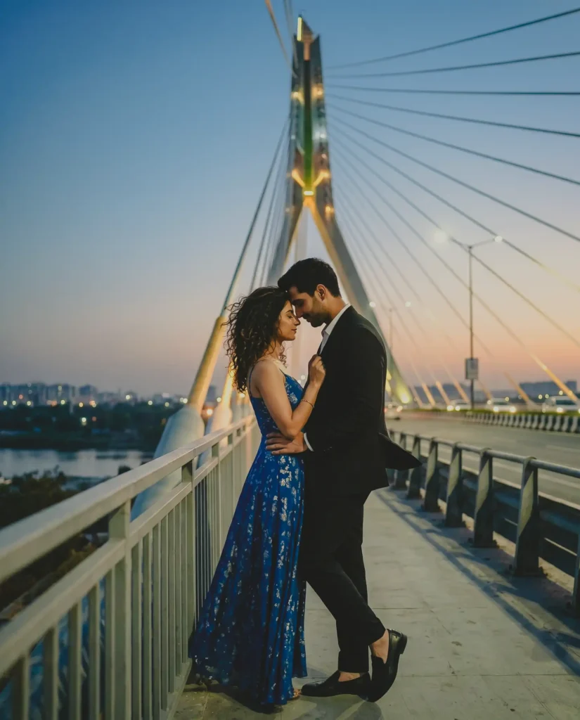 Cinematic pre wedding couple shoot at Signature Bridge, Delhi during soft evening light with urban storytelling atmosphere
