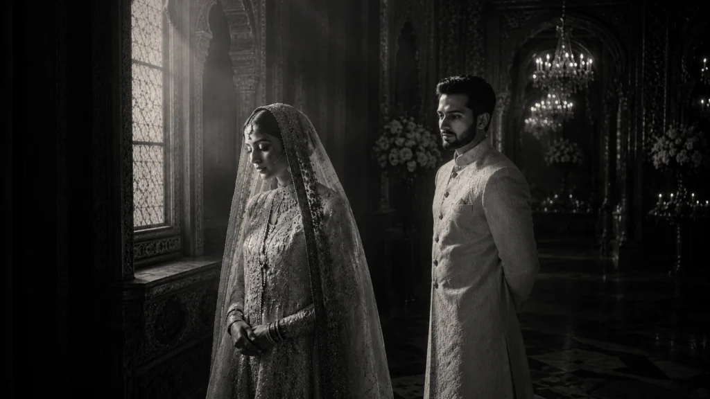 Black and white cinematic wedding portrait showing dramatic lighting and emotional storytelling