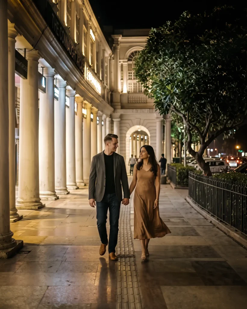 Couple during a cinematic pre wedding shoot in Connaught Place Delhi at night