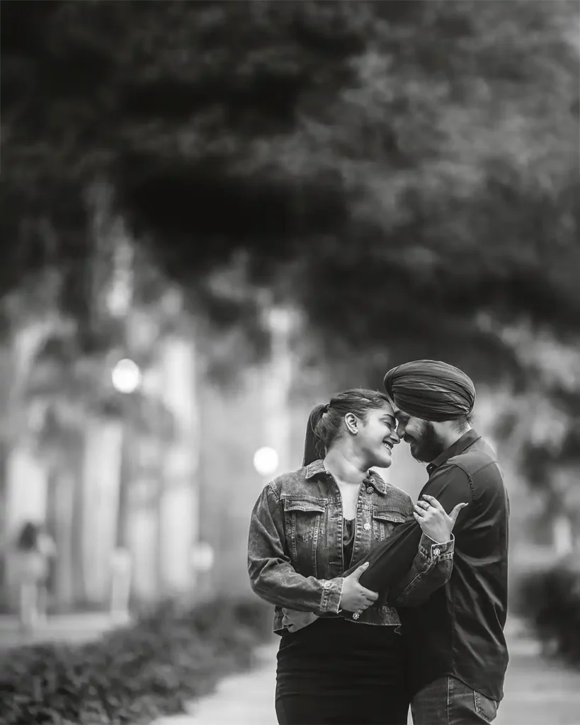 Couple walking naturally during a cinematic pre wedding shoot on open streets in Delhi