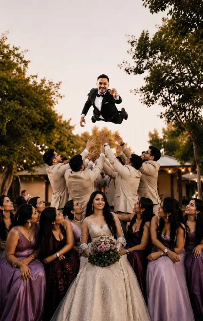 Bride seated with bridesmaids during a luxury wedding reception in Faridabad while the groom is tossed in the air by groomsmen at an outdoor garden venue during golden hour.