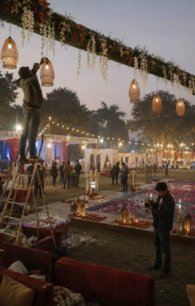 Wedding staff preparing lighting and decor at an outdoor farmhouse wedding venue in Faridabad