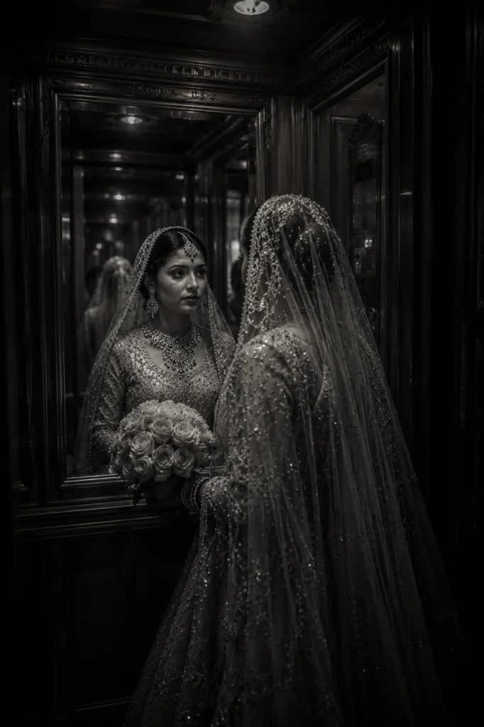 Muslim bride portrait inside elevator before nikah ceremony in Aligarh