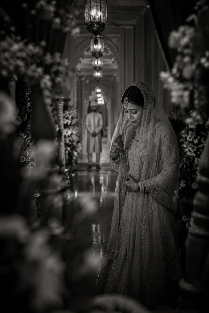 Black and white close portrait of Muslim bride and groom in Aligarh