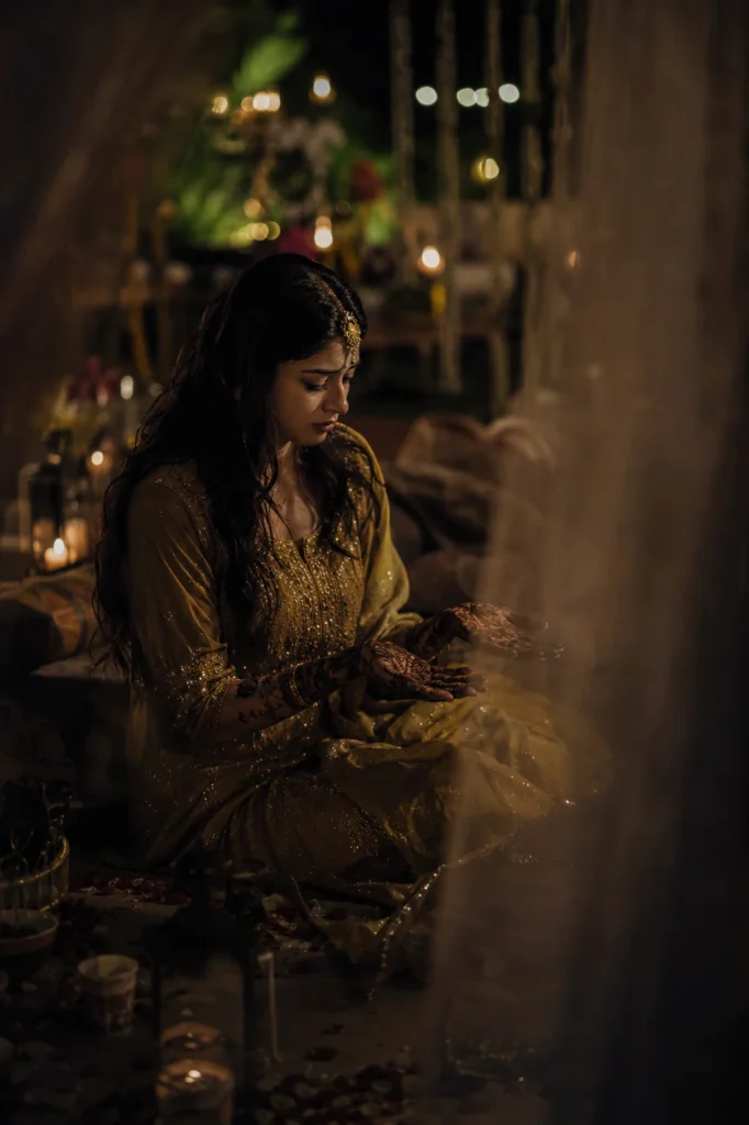 Bride waiting behind curtains before Muslim wedding ceremony in Aligarh