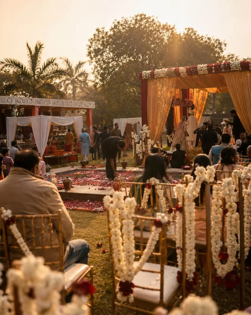Outdoor farmhouse wedding setup during golden hour in Faridabad with natural evening light