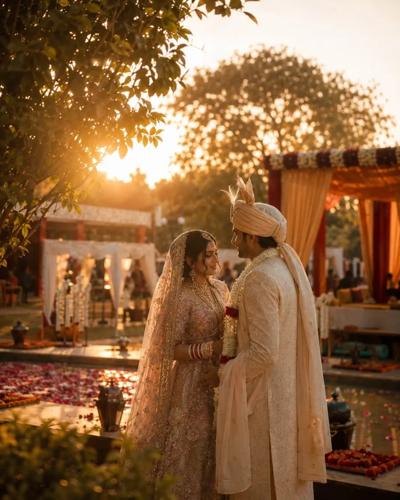 Bride and groom photographed during golden hour at an outdoor farmhouse wedding in Faridabad