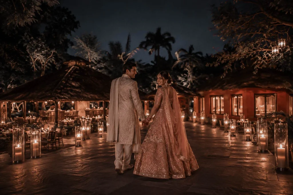 Bride and groom walking hand in hand through a candlelit courtyard at Taj Corbett after the wedding celebrations