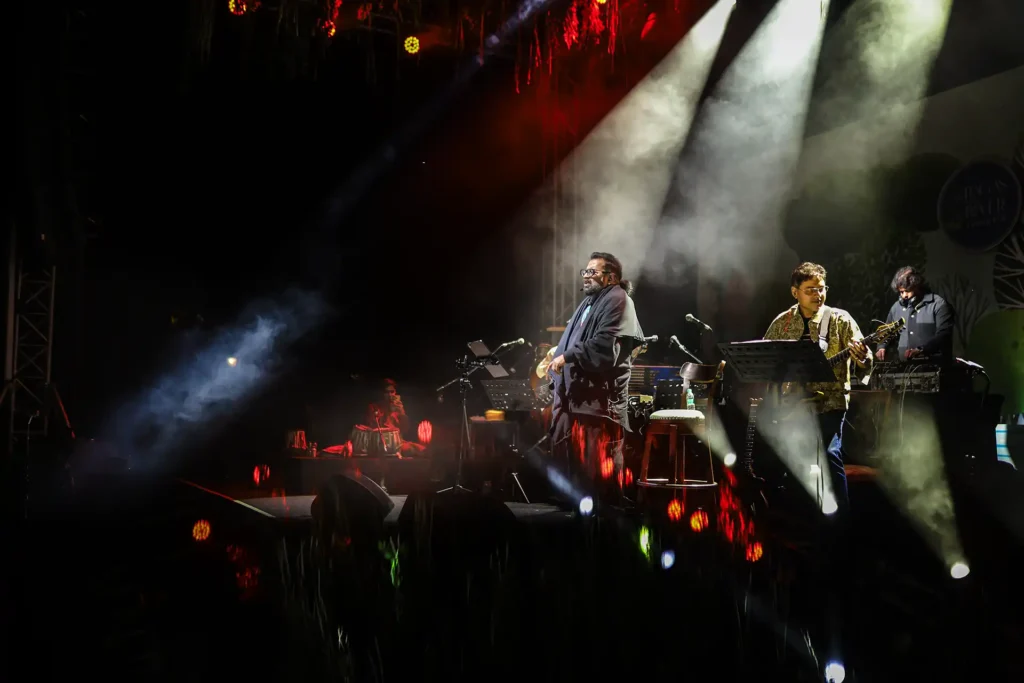 Hariharan performing live on the main stage at Ragas by the River 2026 during an evening Indian classical and contemporary music concert.