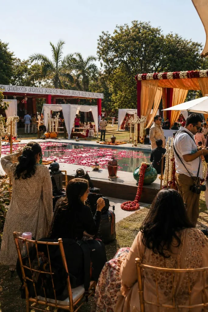 Outdoor Indian wedding in harsh afternoon sunlight at a Faridabad farmhouse venue
