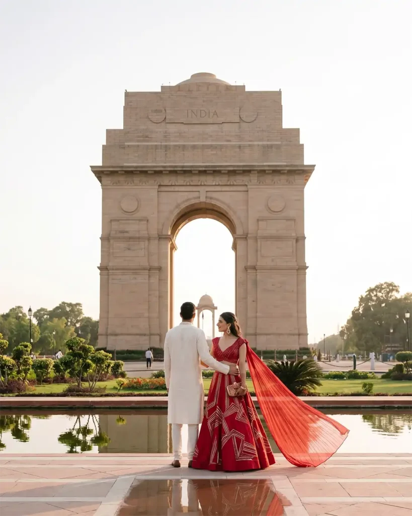 Couple standing together facing India Gate during a cinematic pre wedding shoot in Delhi