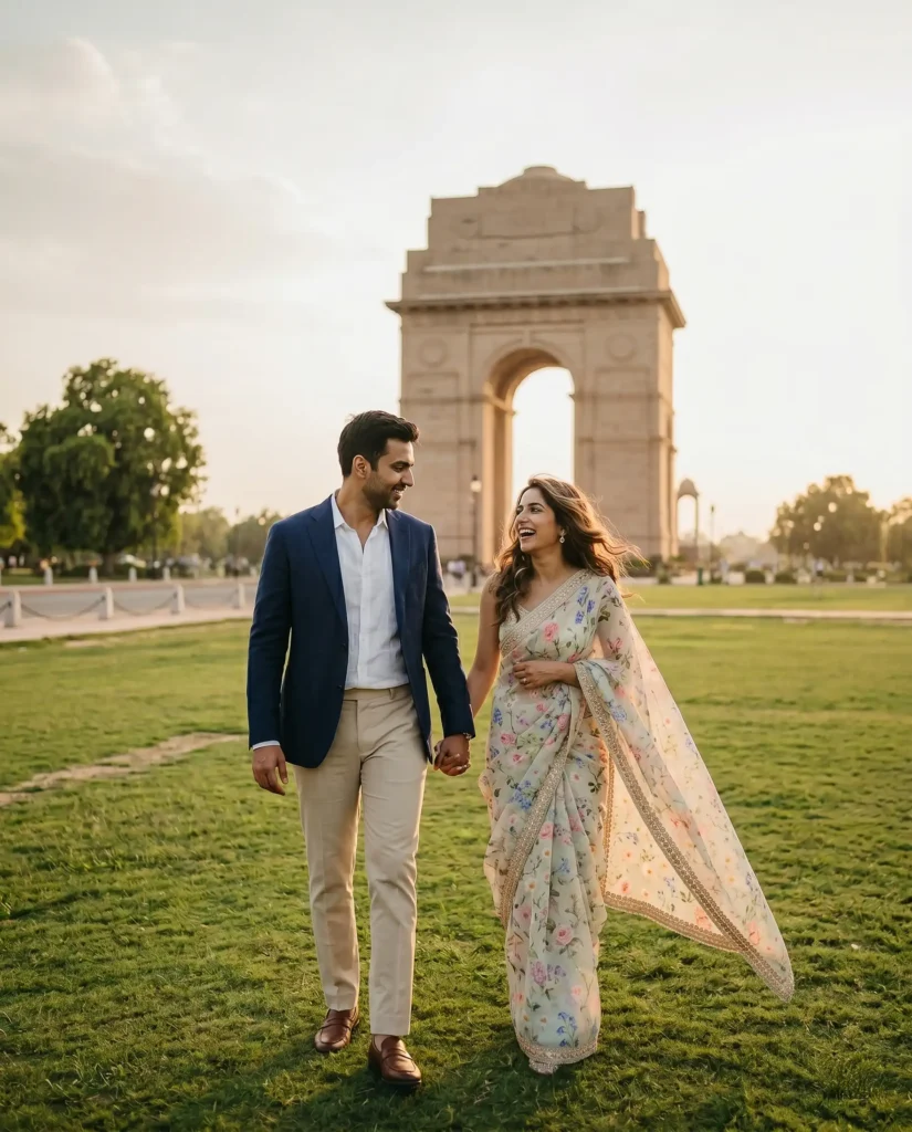 Couple, happy, walking at India Gate during a cinematic pre wedding shoot in Delhi