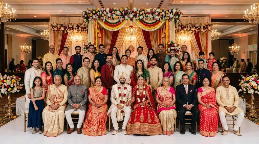 Large Indian family posing together during a wedding group photograph