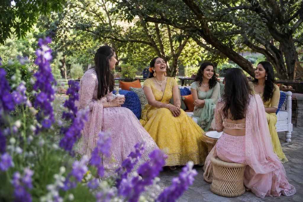 Bride laughing during an outdoor haldi ceremony under mango trees at Taj Corbett