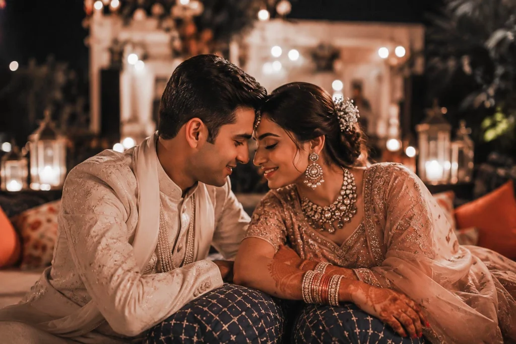 Bride and groom sharing a quiet moment during a lantern lit nighttime sangeet celebration at Taj Corbett