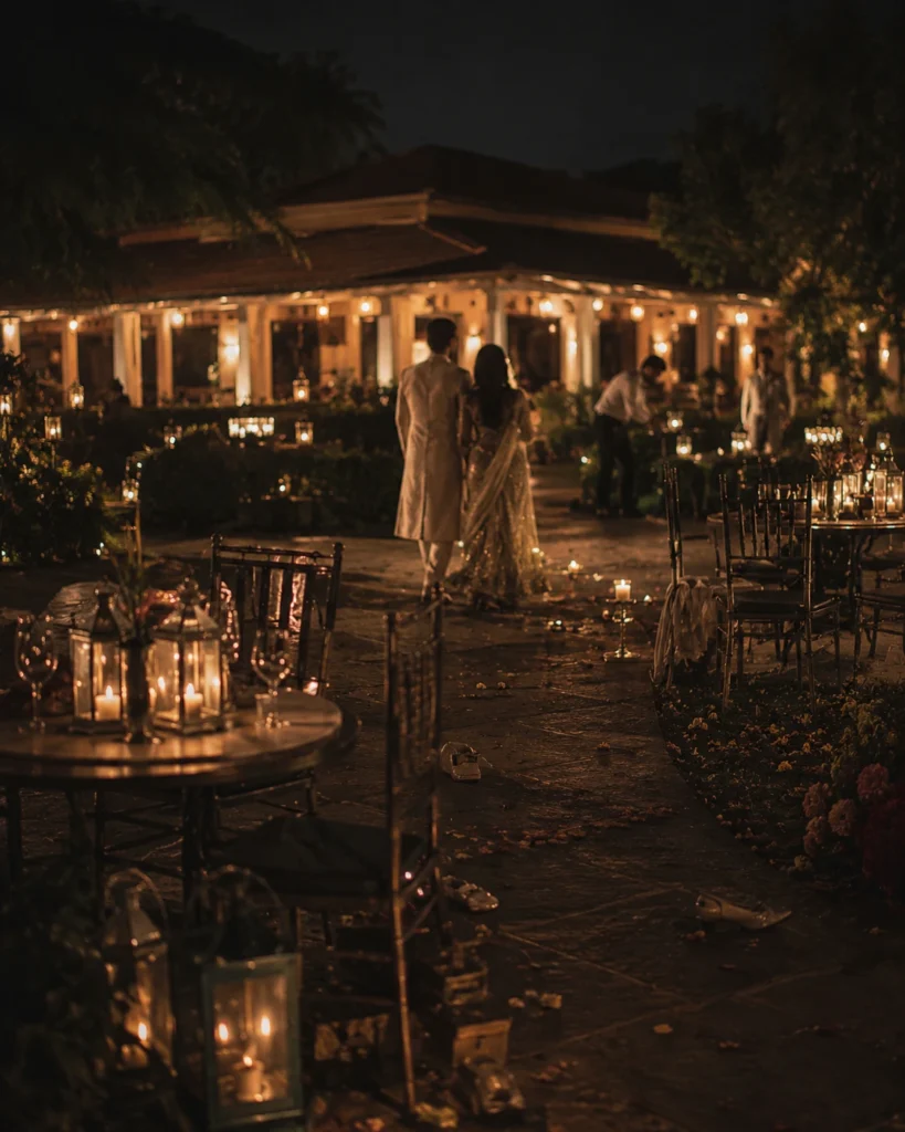 Bride and groom walking through a quiet wedding venue after the celebrations have ended