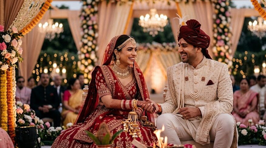 bride and groom having a laugh during wedding ceremony in aligarh