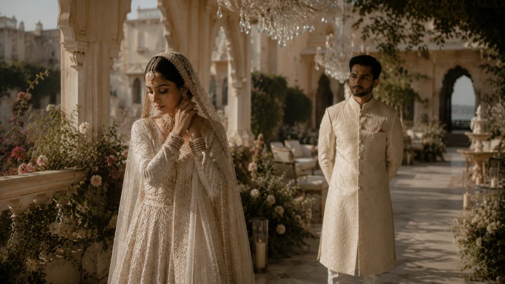 Cinematic daytime wedding portrait of Muslim bride and groom with natural light and realistic editing
