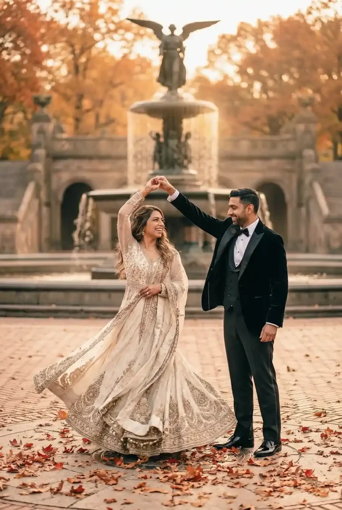 Neha and Nikhil standing together beneath the ornate arches of Bethesda Terrace during their New York pre wedding shoot.