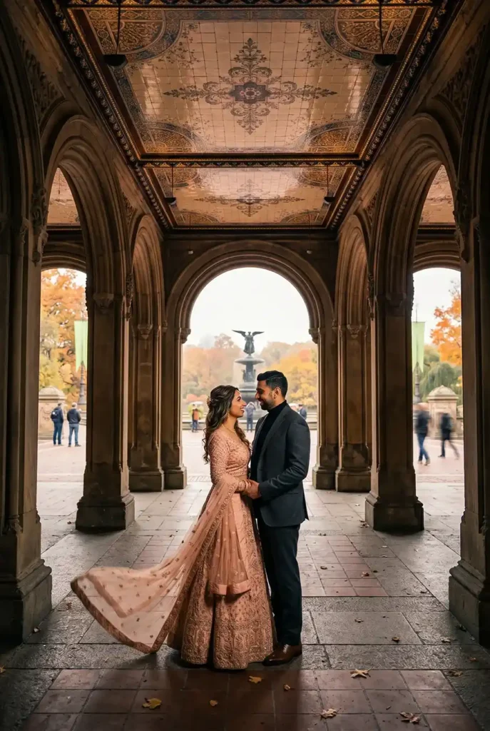 Neha and Nikhil standing together beneath the ornate arches of Bethesda Terrace during their New York pre wedding shoot.
