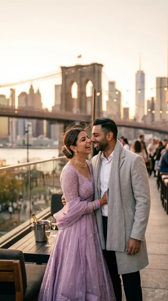 Neha and Nikhil sharing a candid moment at the Time Out Market rooftop during sunset with Brooklyn Bridge and Manhattan skyline behind them.