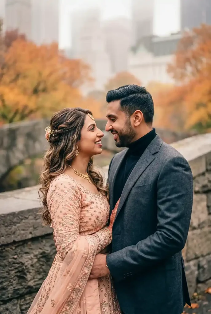 Neha and Nikhil during their pre wedding shoot at Gapstow Bridge in Central Park surrounded by vibrant autumn foliage in New York