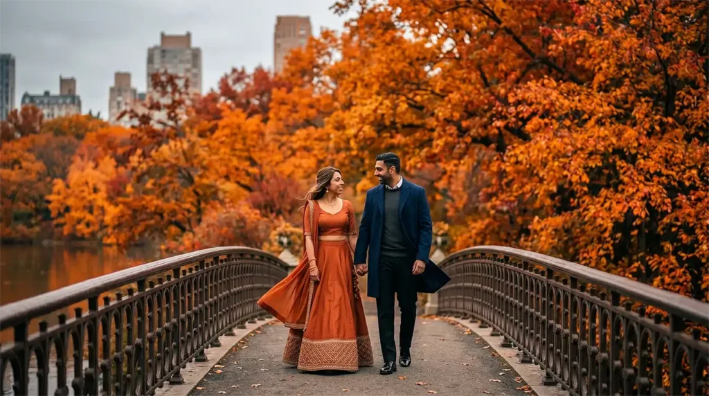 Neha and Nikhil walking across Gapstow Bridge in Central Park surrounded by vibrant orange autumn foliage during their New York pre wedding shoo