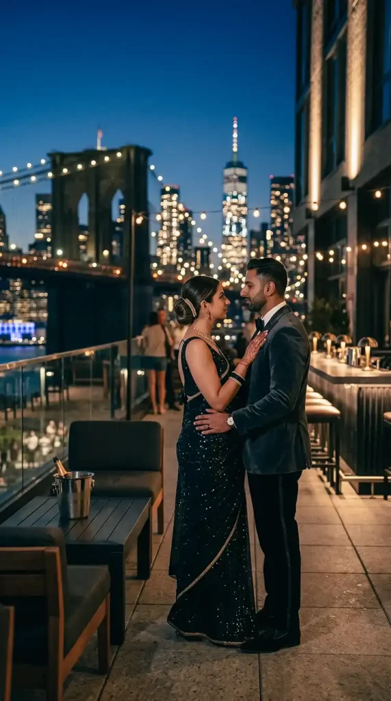 Elegant nighttime portrait of Neha and Nikhil at the Time Out Market rooftop with Brooklyn Bridge and Manhattan skyline lights in the background.
